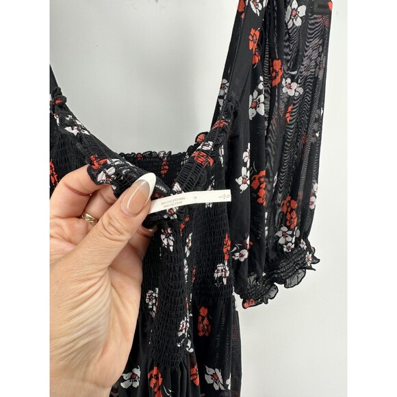 Free People Peasant Boho Floral Shirt Large Tunic Smocked Cld shoulder Sheer - Picture 3 of 3